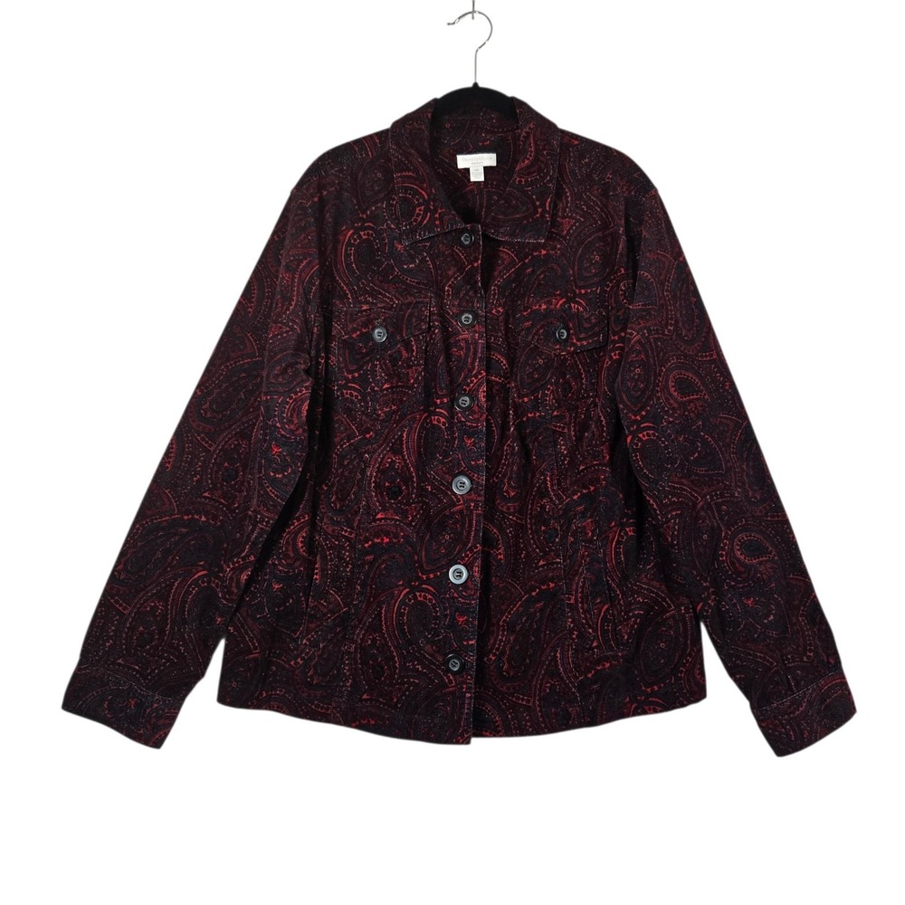 Charter Club Corduroy Trucker Jacket Womens Plus 2X Burgundy Blue Paisley Print